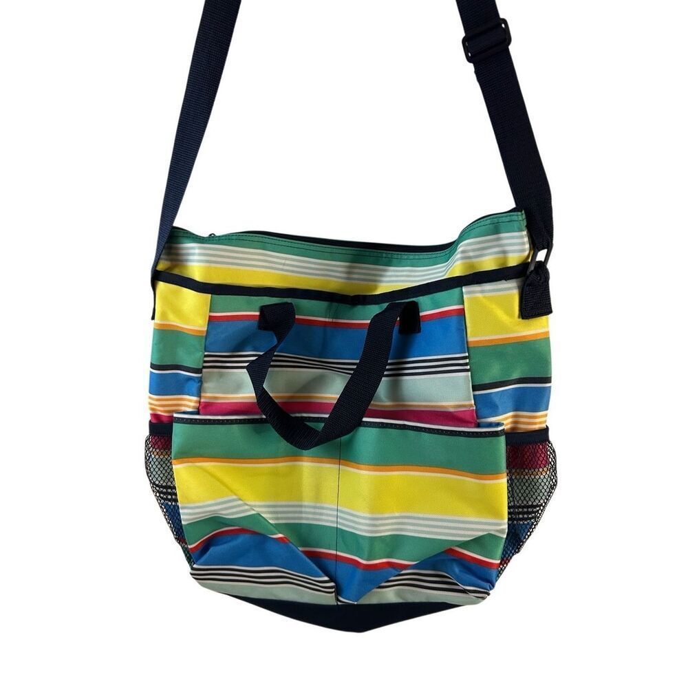 Thirty-one 31 striped tote17x16" mesh bottle holder pockets adj strap‎